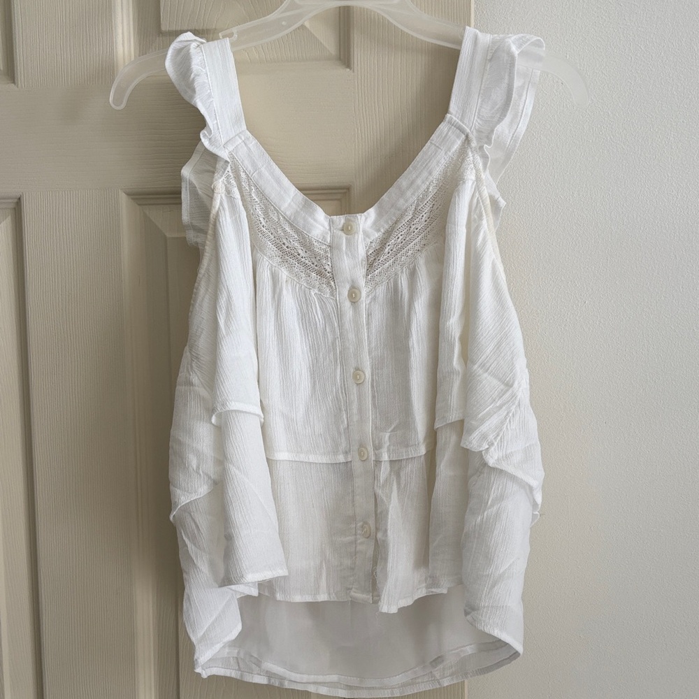 American Eagle Outfitters White Button-Front Ruffle Blouse